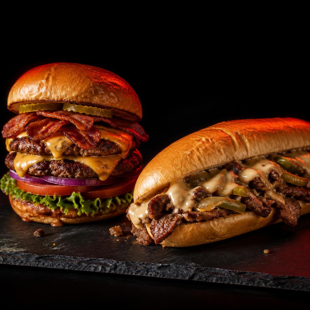 Bacon cheeseburger and a steak and cheese sub