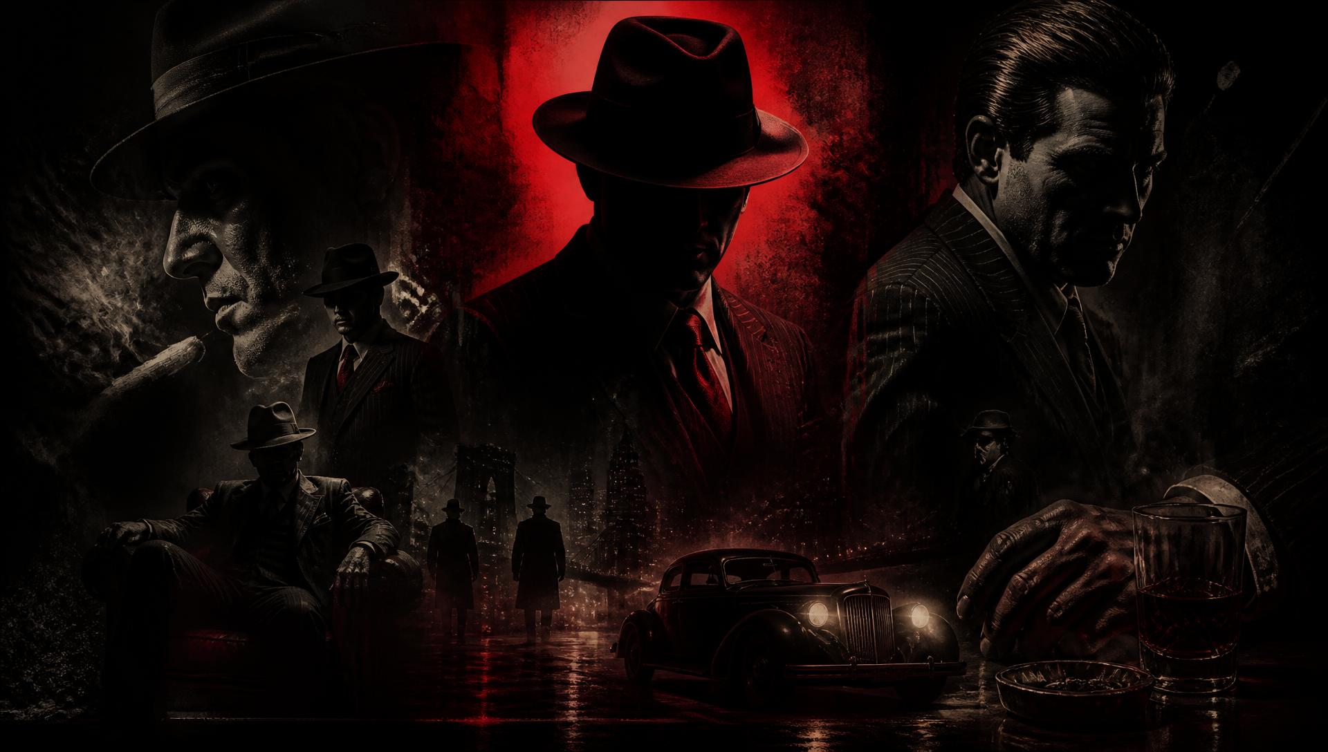Dark mob-poster style collage with red spotlight